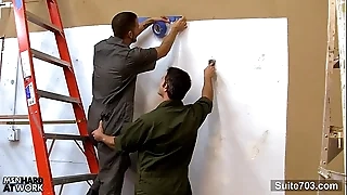 Tattooed gay helpers making out well